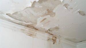 Water Damage Repair, Showcasing A Damaged And Stained White Ceiling With Visible Water Marks And Peeling Paint, Indicating The Need For Restoration.