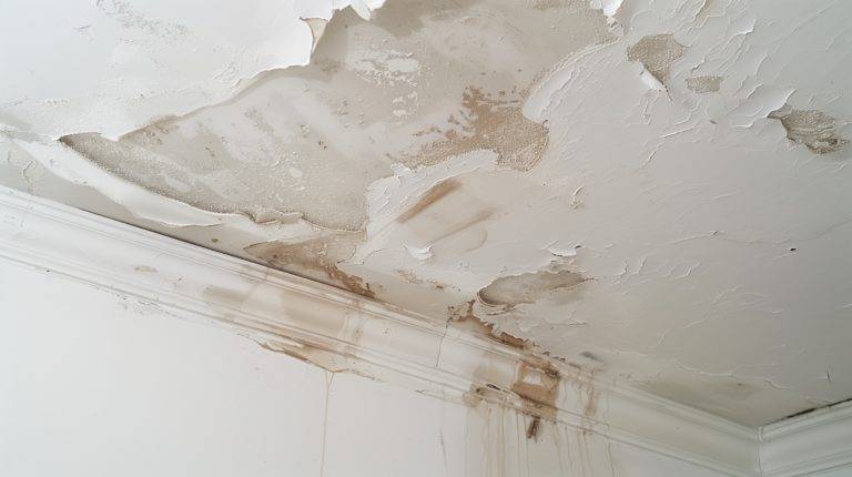 Water Damage Repair, Showcasing A Damaged And Stained White Ceiling With Visible Water Marks And Peeling Paint, Indicating The Need For Restoration.